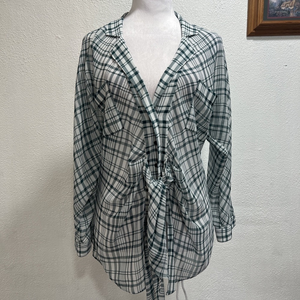 Rachel Roy Button-Up Blouse Workwear  Plaid Green White Large See Through